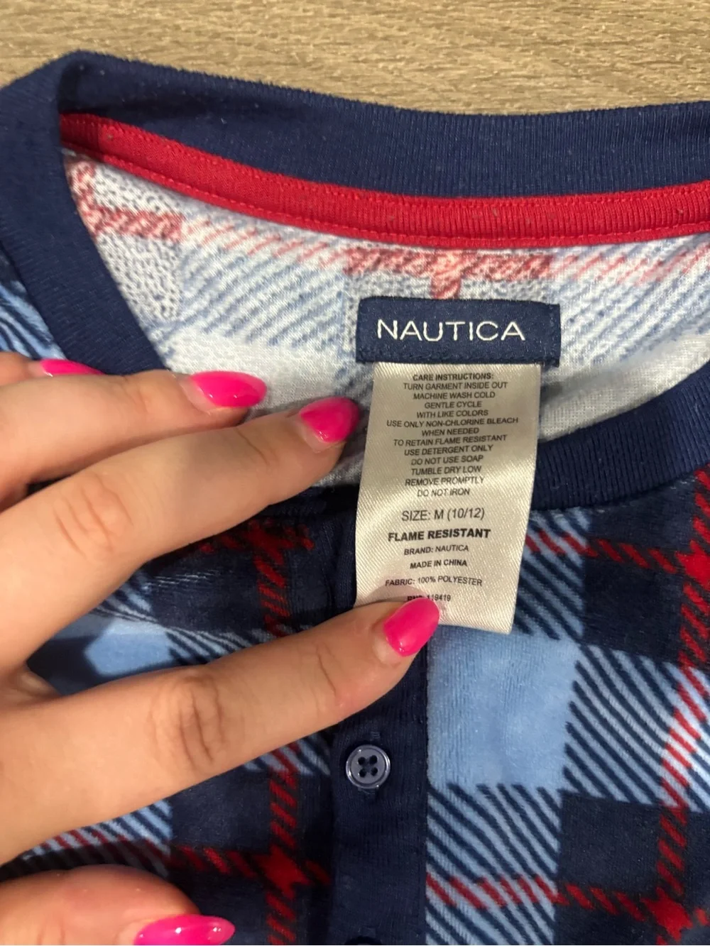 Nautica Blue and Navy Plaid Kids Thermal Pajama Set with Red Accents